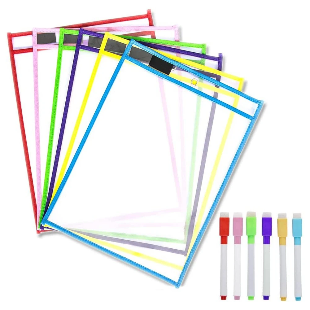 

Reusable Dry Erase Pockets, 6 Pack Reusable Dry Erase Sleeves, Assorted Colors Sheet Protector, Dry Erase Pocket Sleeves