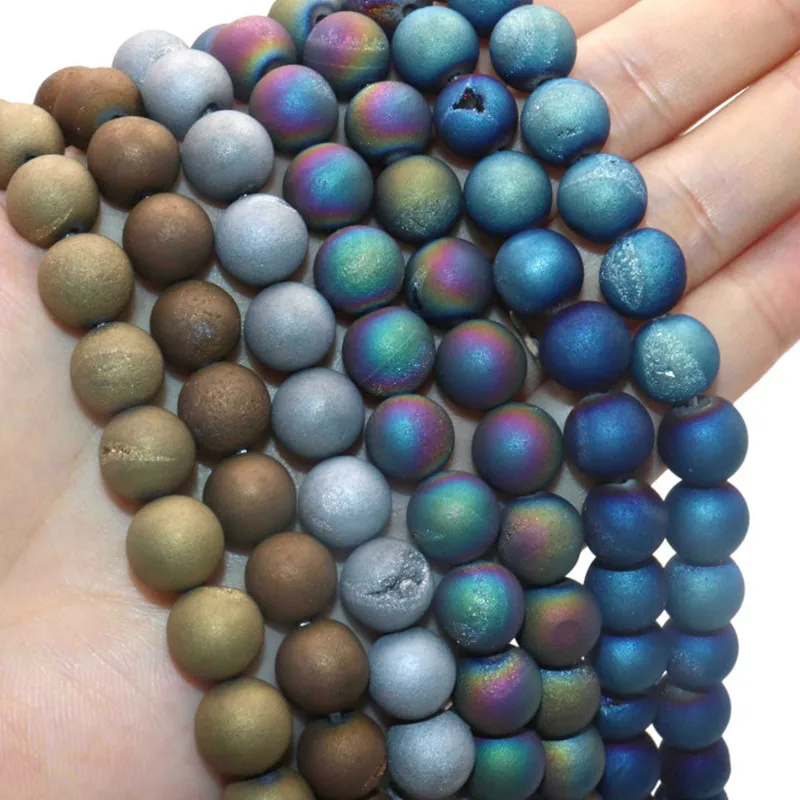 Natural Stone Metallic Titanium Coated Druzy Quartz Agates Round Beads For Jewelry Making DIY Bracelet Necklace 6/8/10/12 MM