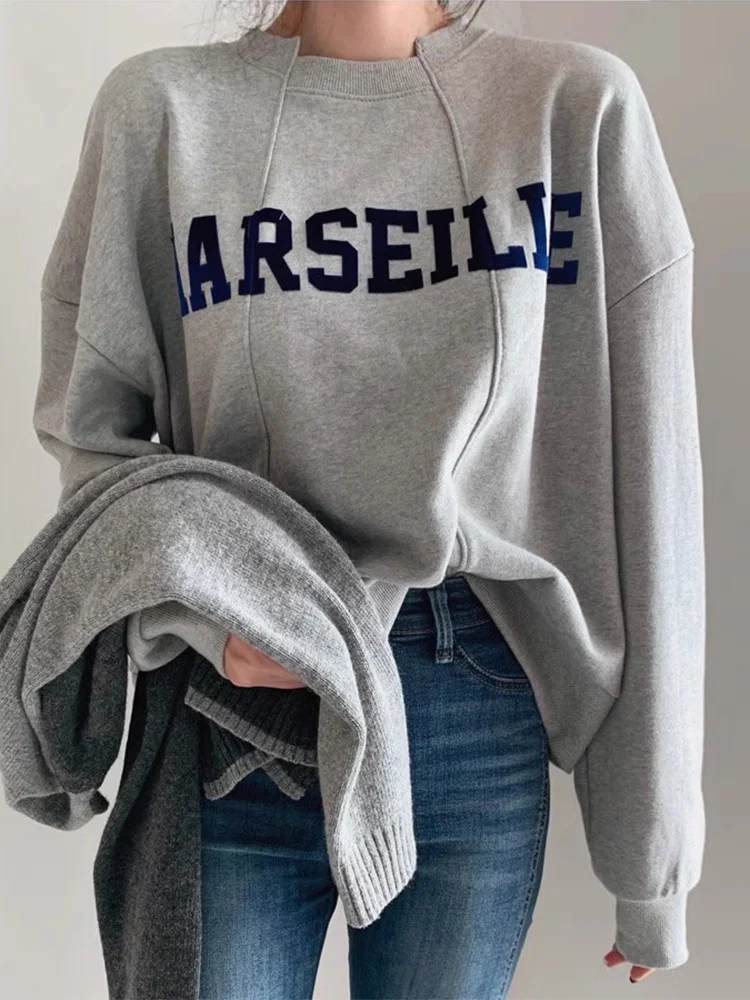 Sweat-shirt rétro paresseux rond Ne imprimé, Long, décontracté, polyvalent, ample, Streetwear pour femmes, automne hiver Chic