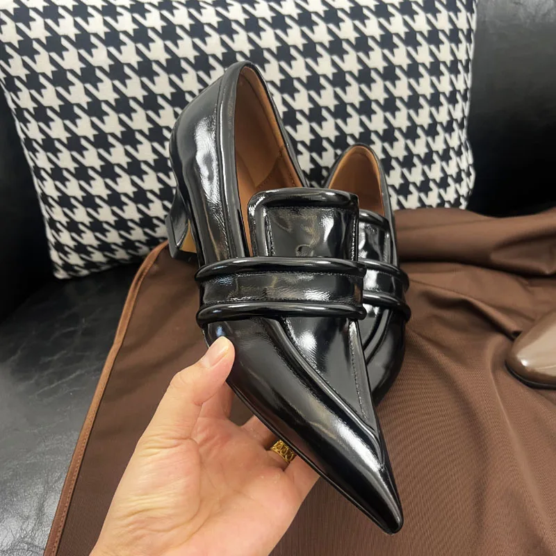 Sharp Pointed Genuine Leather Loafers Retro Single Shoes Deep Mouth Women's Shoes chunky Heel High Heels Leather Shoes