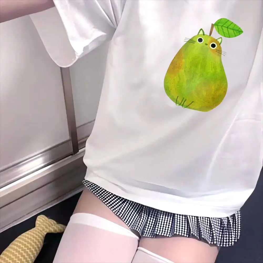 Cute Pear Cat Graphic T-Shirt Women Summer Short Sleeve Funny Fruit Print Cutecore Clothing Female Casual Fashion Y2k Sale Tops