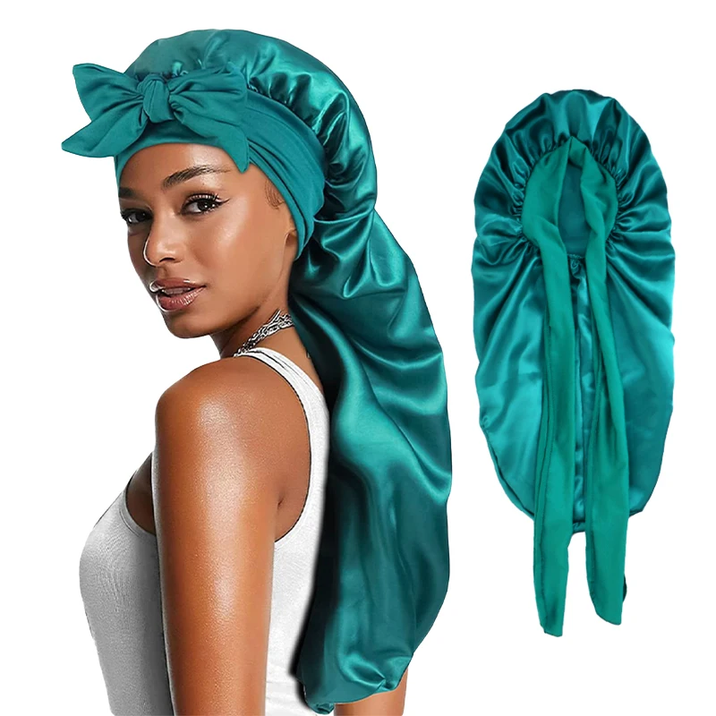 New Women Long Satin Bonnet Sleep Cap Extra Large Silky Sleeping Hijab with Wide Elastic Band Hair Care Curly Headwear Bandanas