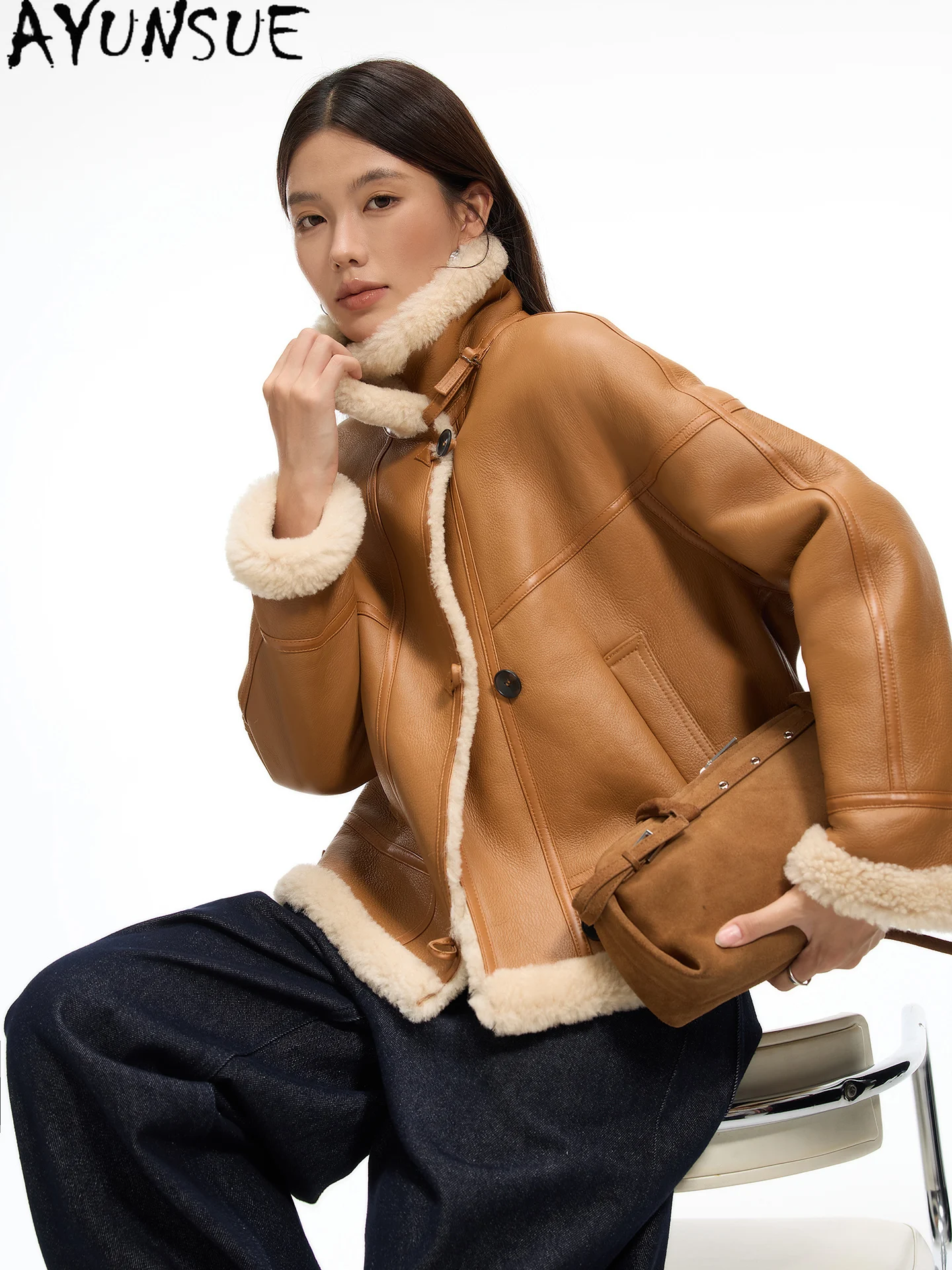 

AYUNSUE Natural Sheepskin Fur Coat Woman Warm Winter Clothes Merino Genuine Leather Jacket Women 2025 Lamb Wool Шуба Женская