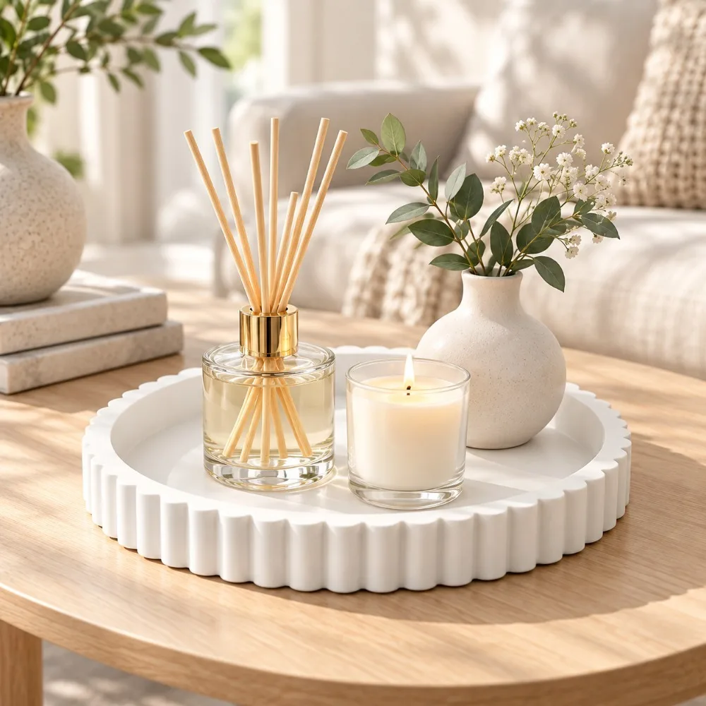 1pc White Round Silicone Tray With Fluted Wavy Rim,Modern Minimalist Home Decor Accent,Decorative Catchall Tray For Coffee Table Vanity Dresser,Perfume Jewelry Candle Display Organizer,Stylish Accessory For Bedroom Bathroom And Entryway