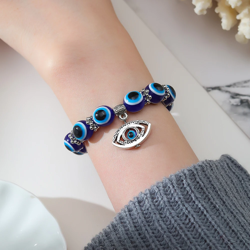 Blue Evil Eye Bracelet Hand of Fatima Turkey Thousand Eyes Wish Handmade Women's Resins Bead Bangle Elastic Bracelets Jewelry