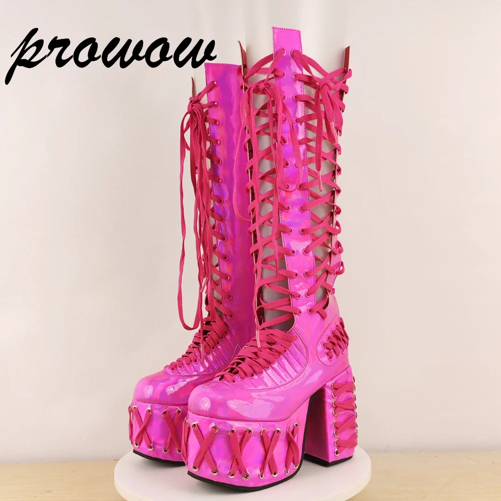 

Prowow weet розовые летние ботинки на платформе с круглым носком на массивном высоком каблуке, сапоги до колена со шнуровкой, сплошной боковой молнией, праздничное платье S