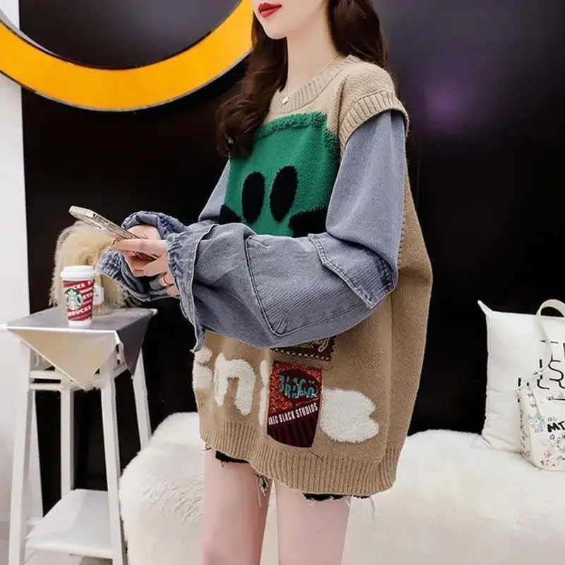 Novo outono inverno oversize roupas femininas denim emendamento suéter casacos de malha pulôver moda coreana tricô topos