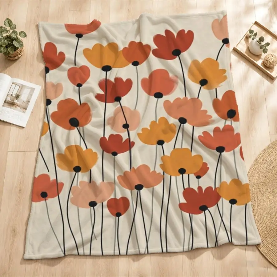 Soft Flannel Throw Blanket Suitable for - Cozy Warmth - Warm Orange & Peach Floral Print on Beige Bedspread, Weighted Blanket for Couch, Bed, Travel | Machine Washable Gift for,, | Painterly Design Contemporary Style, 2D Flat