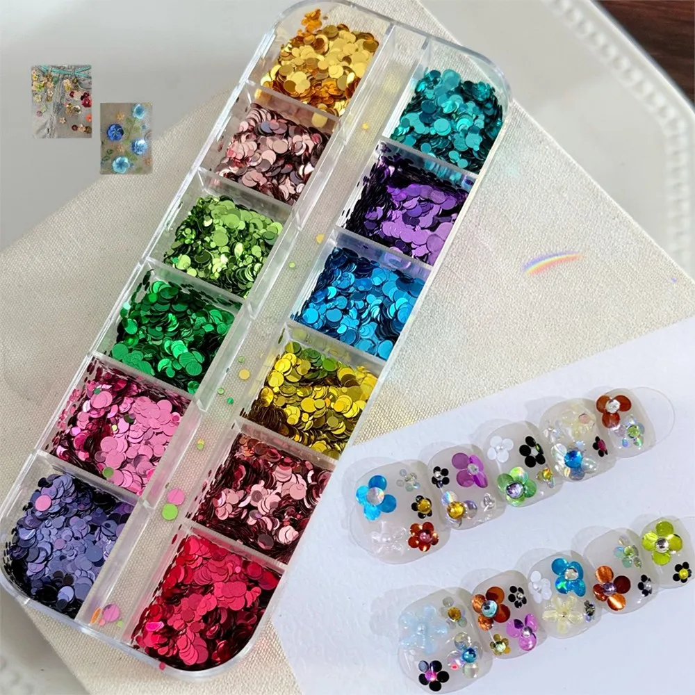 12 Grids Round Dot Floral Nail Sequins Multi-Color Metallic Sparkle Confetti Nail Charms DIY Glitter Flakes Manicure Accessories