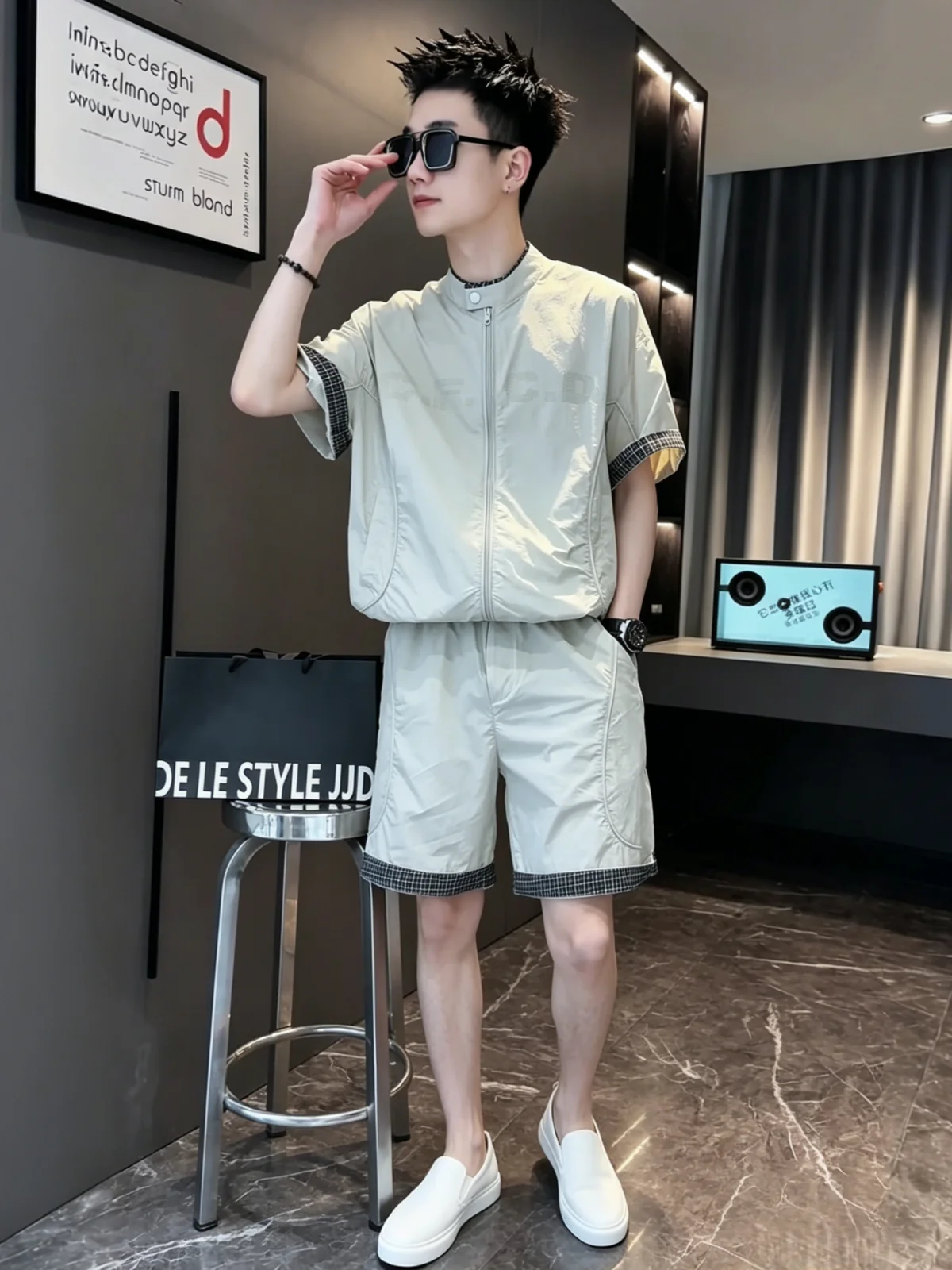 Summer High-End Plaid Casual Sports Suit Men's Women's Quick Dry Breathable Short Sleeve Shorts Two-Piece Set for Couples