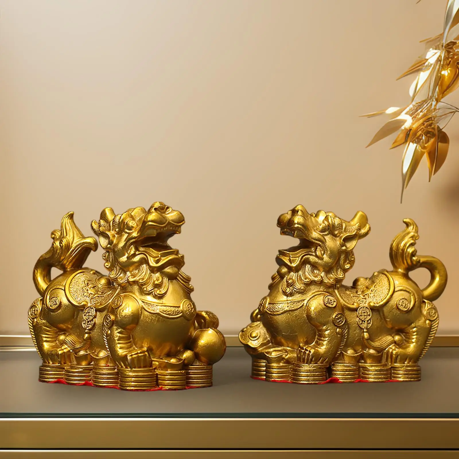 

2x Pixiu Statue Wear Resistant Home Decor Animal Adornment Brass Pi Yao Sculpture for Office Balcony Farmhouse Table Fireplace