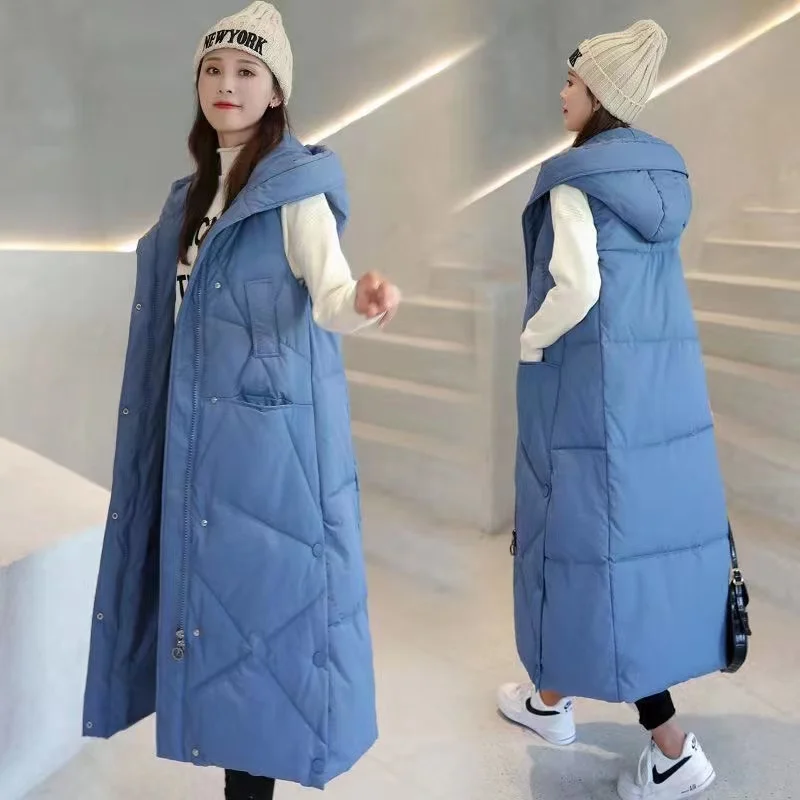 

X-Long Hooded Vests Women Parkas Winter New Jacket Casual Thick Down Cotton Winter Coat Women Warm Waistcoat Sleeveless Jacket