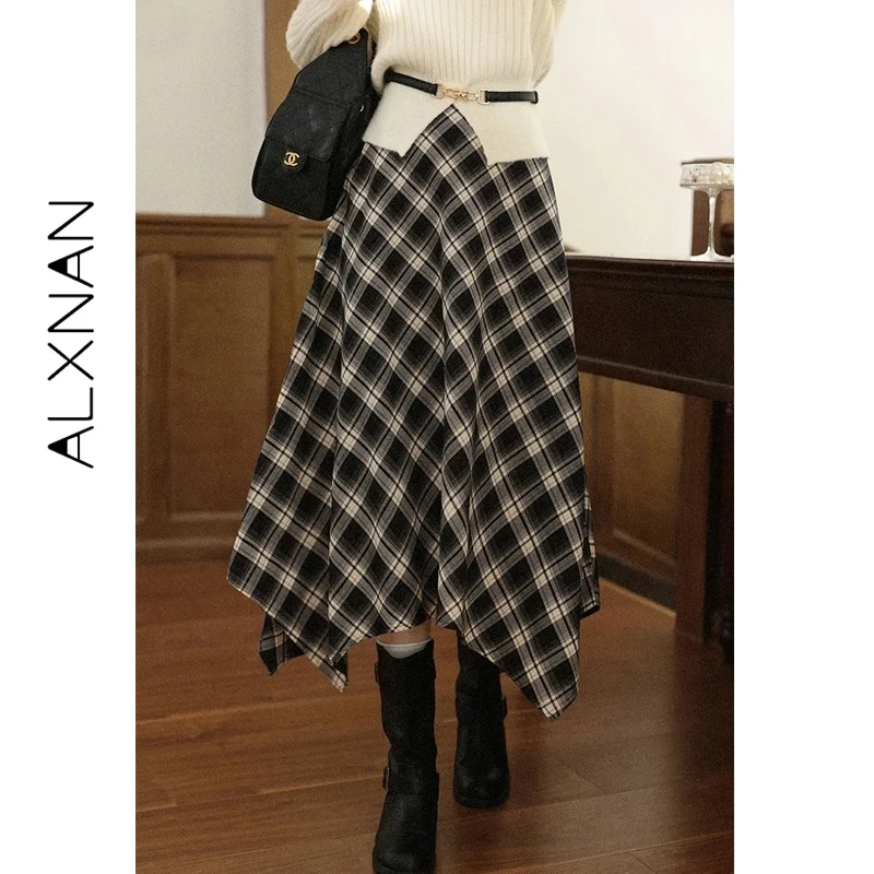 ALXNAN Falda Irregular a cuadros negra para mujer, faldas por debajo de la rodilla a cuadros largas elegantes de corte a, ropa femenina de Otoño Invierno 2025 L57278-1
