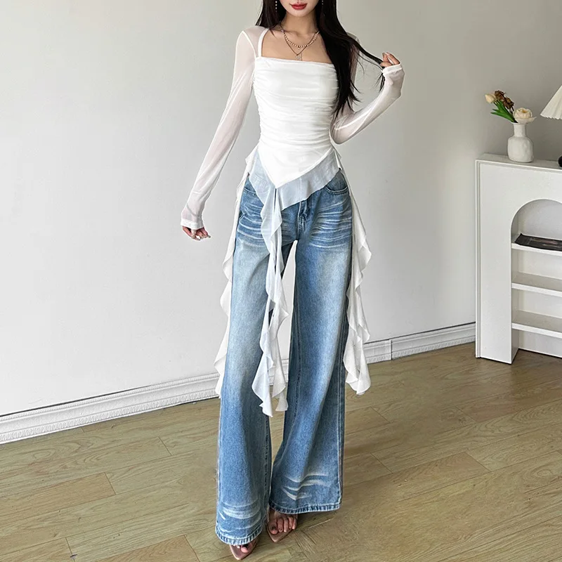 Ruffle Long Sleeve Sexy T-Shirts Fashion Women Y2K Irregular Asymmetrical Korean Crop Tops Casual Sheer Mesh Autumn Chic Tees