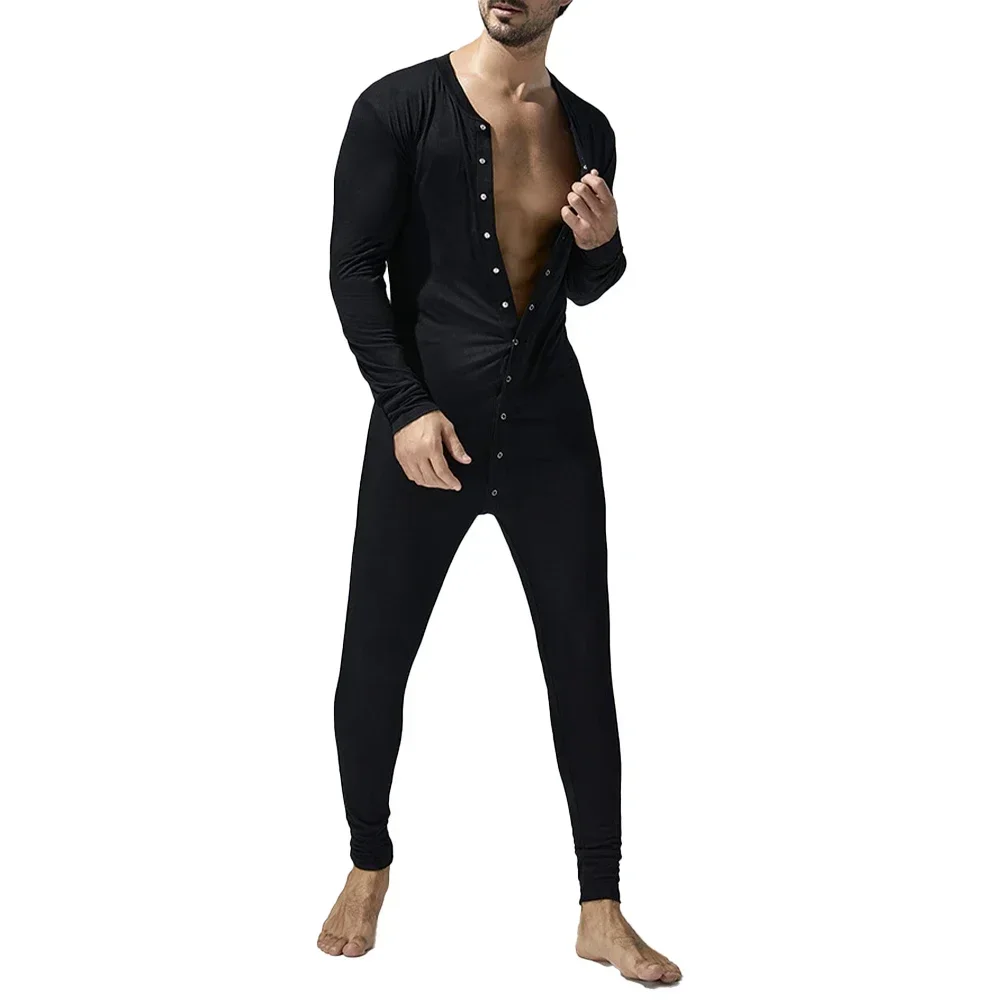 Macacão masculino macacão pijamas botão para baixo bodysuit manga longa bodycon pijamas único breasted roupas confortáveis M-XXL