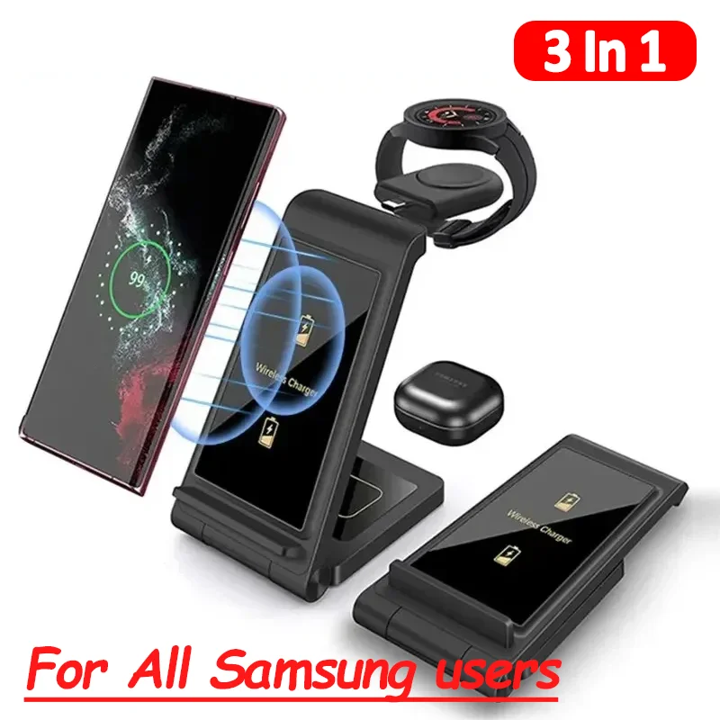 3 in 1 Wireless Charger Stand for Samsung S23 Ultra/S22/Note Z Flip Fold Fast Charging Station for Galaxy Watch 5 4 Active Buds