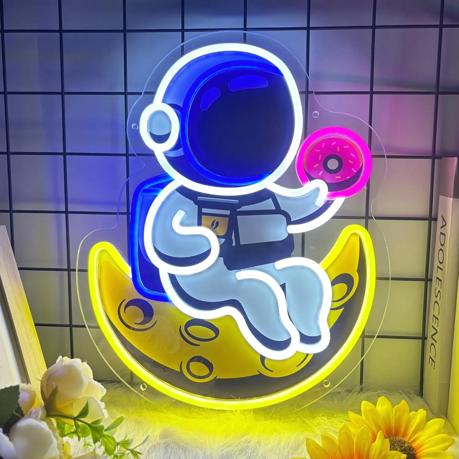 Astronaut Neon Sign LED Marquee Light Cute Spaceman Holding Donut Sitting on Moon Decor for Kids Room Bedroom Game Room Nursery