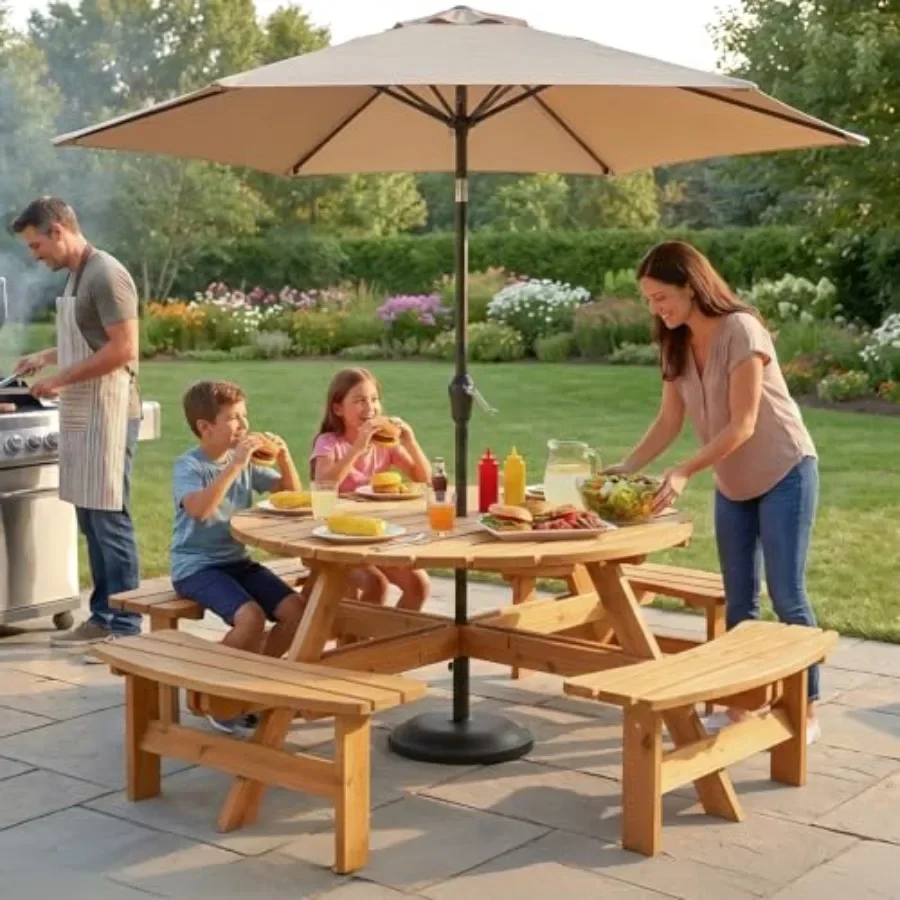 Outdoor wood picnic table with umbrella hole and 4 built-in benches, natural brown finish, weather-resistant hardwood, 500 lbs