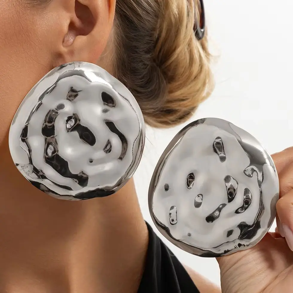 SHIXIN Punk Exaggerated Metal Wrinkled Large Round Studs Earrings Women Minimalist Gold Color Geometric Earring Vintage Jewelry