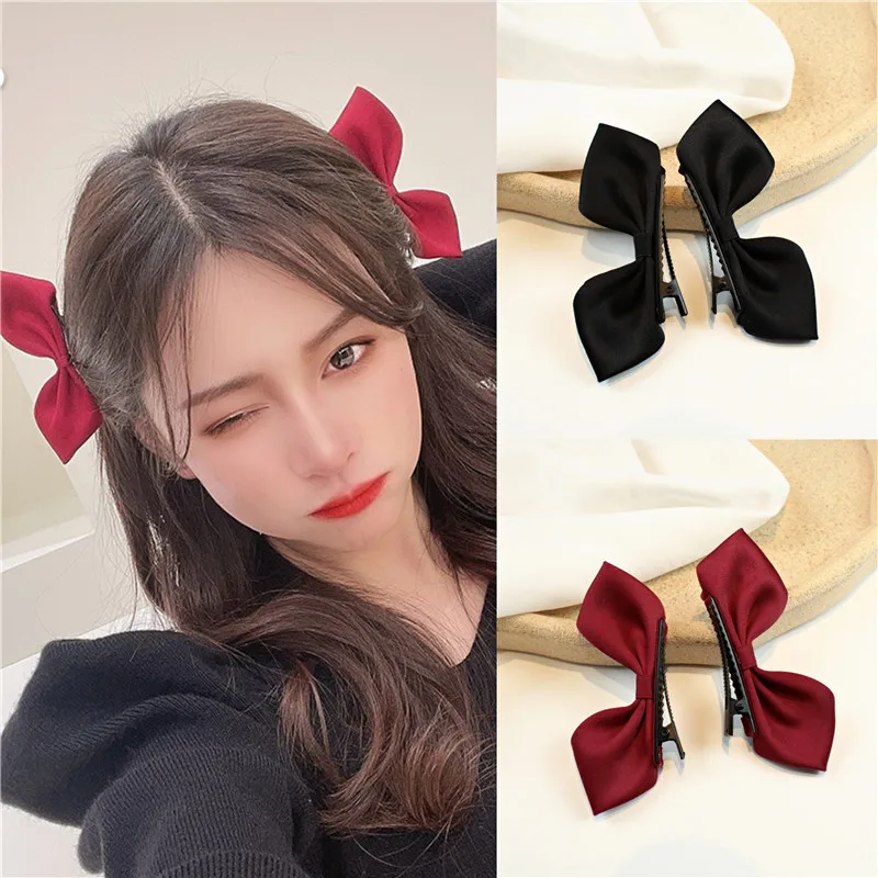 Sweet Black White Ribbon Hair Bows Clips Vintage Bowknot Side Hairpin Cute Girls Barrettes Headdress Hair Accessories for Women