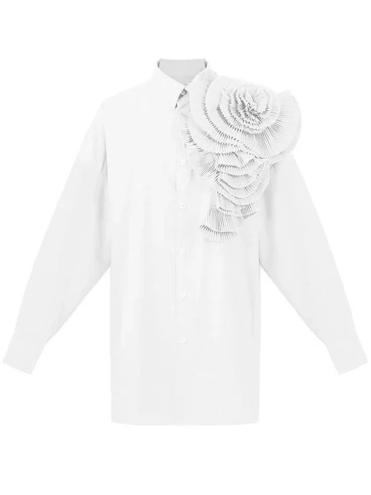 IEQJ Pleated Flower Spliced Lace Up Shirts For Women Long Sleeve Loose Designer Blouses 2023 Spring New Elegant Clothing 3WQ4289