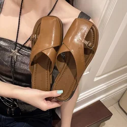 Flat Shoes Female Summer Clogs Woman Pantofle Ladies' Slippers Rubber Flip Flops Low Beach 2024 Hawaiian Slides Hoof Heels Rome