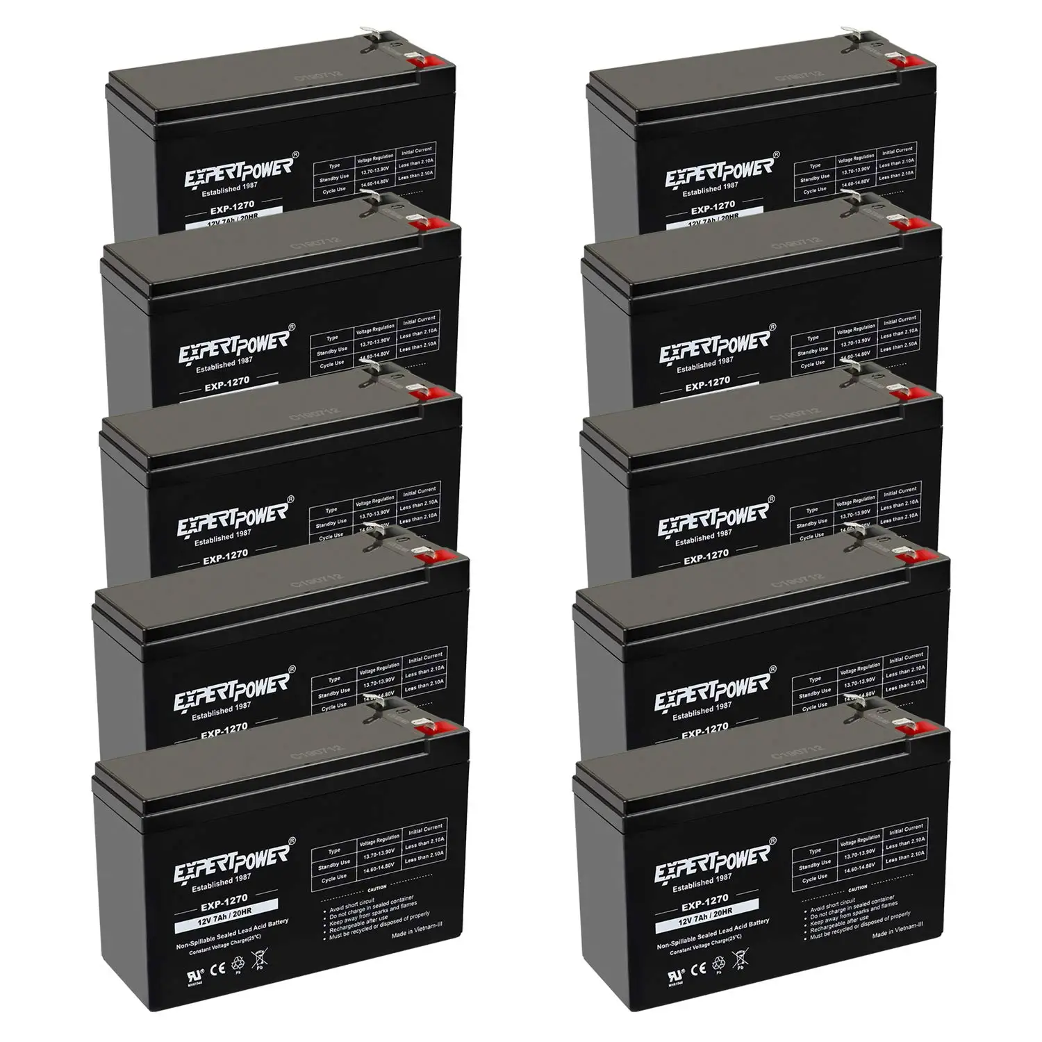 12V 7Ah Rechargeable SLA Battery with F1 Terminals, 10 Pack, Customized