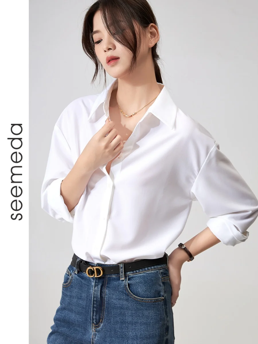 

Повседневная белая женская одежда irt New Faion Loose oulder Sve Long Sve Commute Sle с воротником из смеси полиэстера средней длины