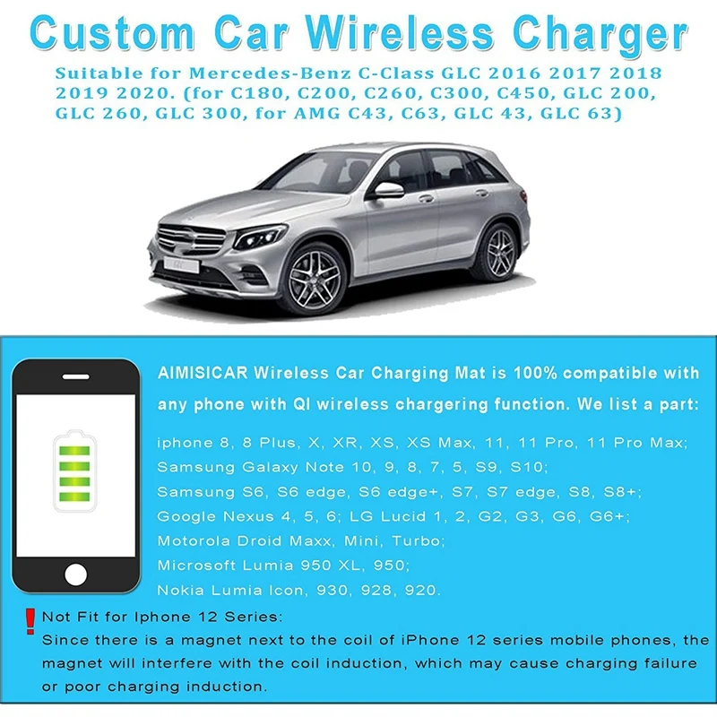 

QI Wireless Car Charger For Benz C-Class GLC 2016-2021 Accessories 15W Phone Charging Pad With Fast Charging USB PD Port