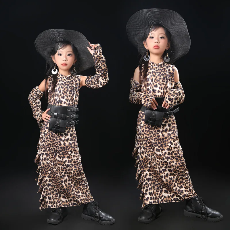 

Girls Leopard Print Model Catwalk Children Car Model Performance Locomotive Clothes Tide Clothes Wasteland Wind Sports Suit Hall