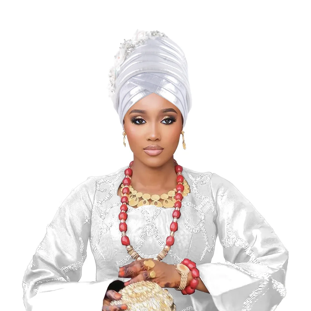 

New Flower African Women's Turban Cap Nigeria Female Head Wraps Already Made Auto Gele Headtie Muslim Turbans Party Headpiece