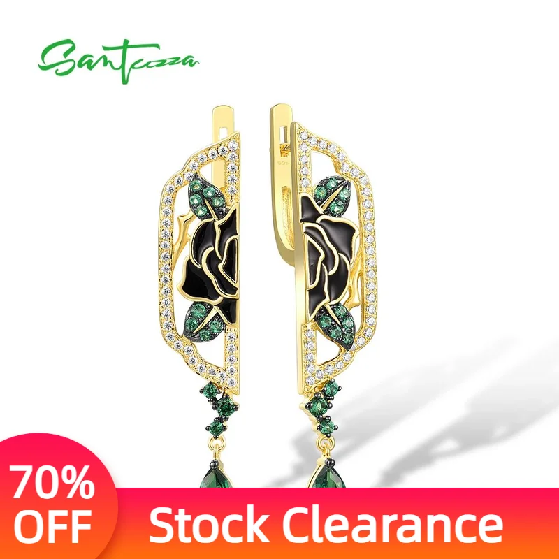 

SANTUZZA 925 Sterling Silver Earrings For Women White CZ Green Spinel Enamel Peony Asymmetric Gold Color Fine Jewelry Handmade