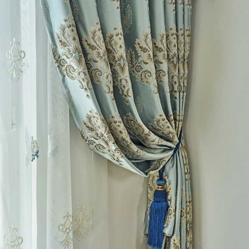 Custom European high-class jacquard luxury high precision fabric blue cloth blackout curtain tulle valance drape C2134