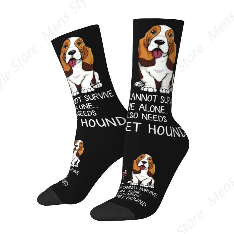 Funny Basset Hound Dog And Wine Dress Socks Mens Womens Warm Fashion Novelty Crew Socks