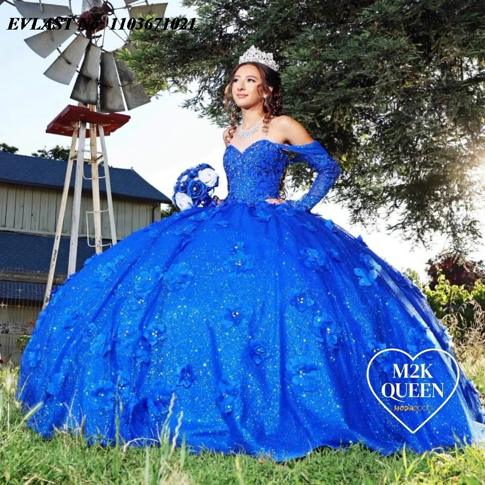 EVLAST-Vestido Princess Azul Royal Quinceanera, Manga Comprida, Applique Floral 3D, Miçangas, Doce 16 Vestido Mexicano, SQ426, 15 Anos