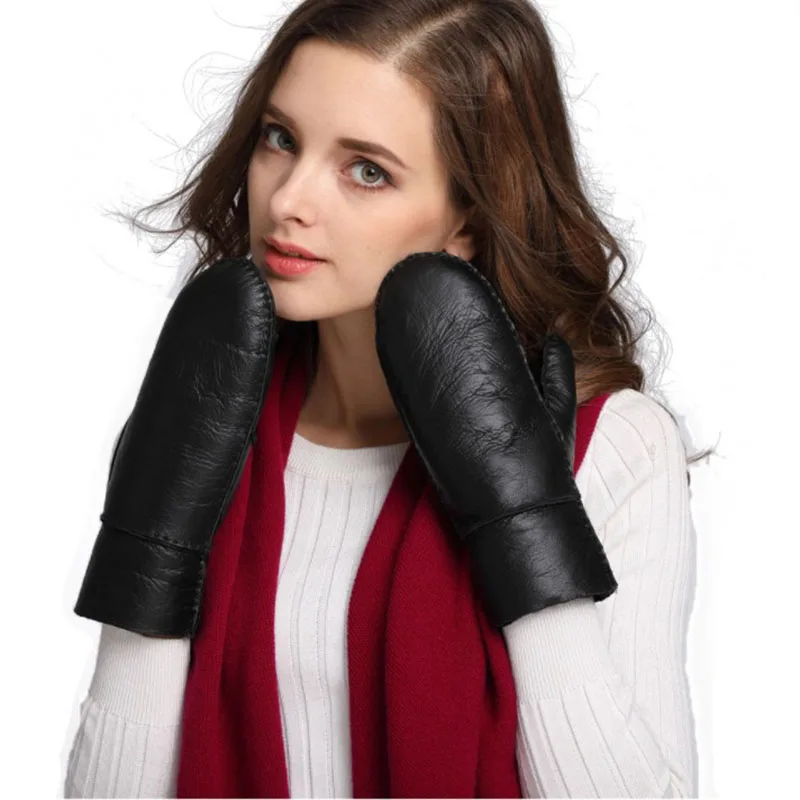 Manoplas de piel auténtica muy cálidas para invierno, guantes de piel de oveja para exteriores para mujer, mitones de Cachemira auténtica para