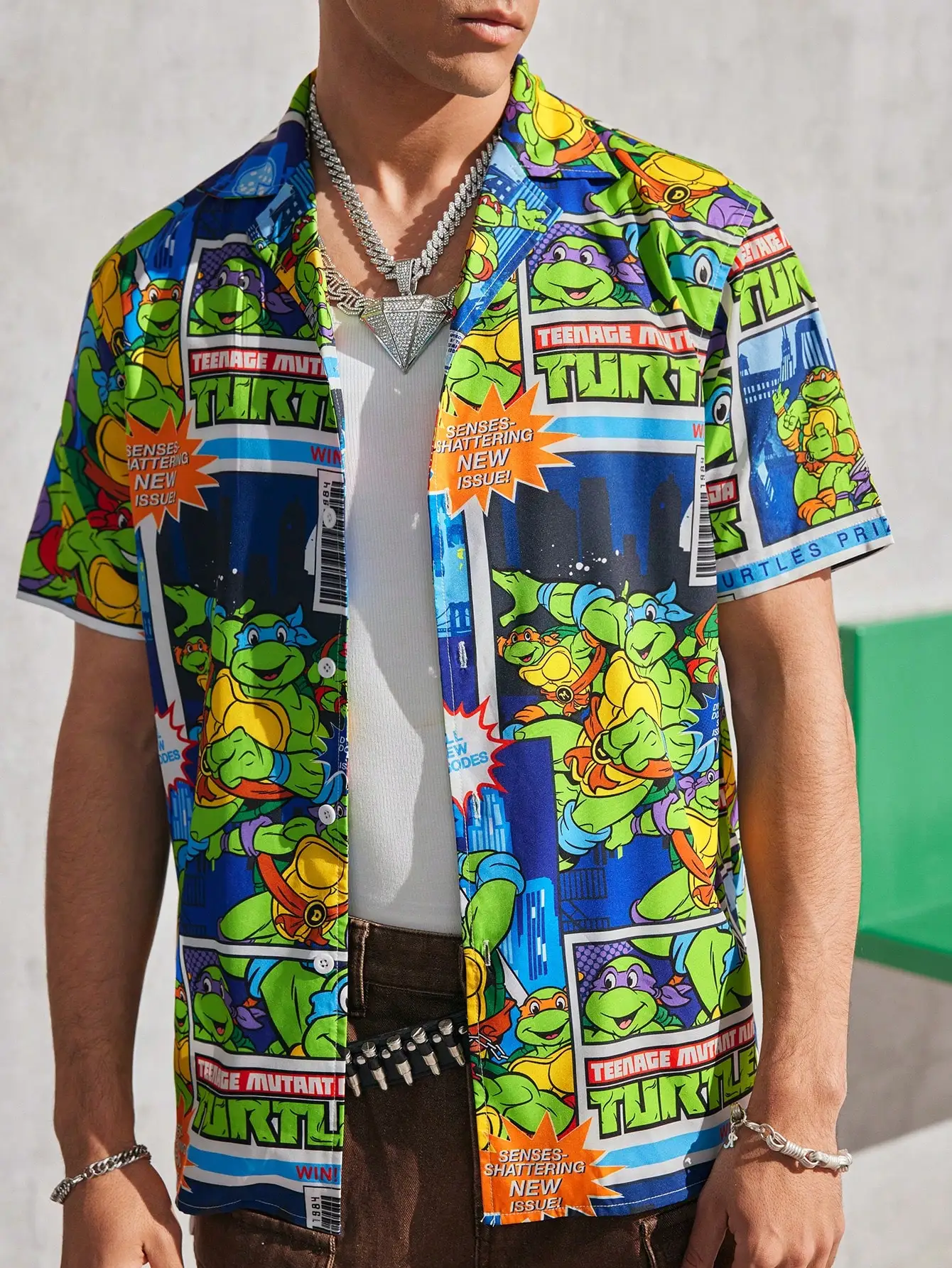 

Men's Casual Woven Short Sleeve Shirt with Comic-Style Allover Print
