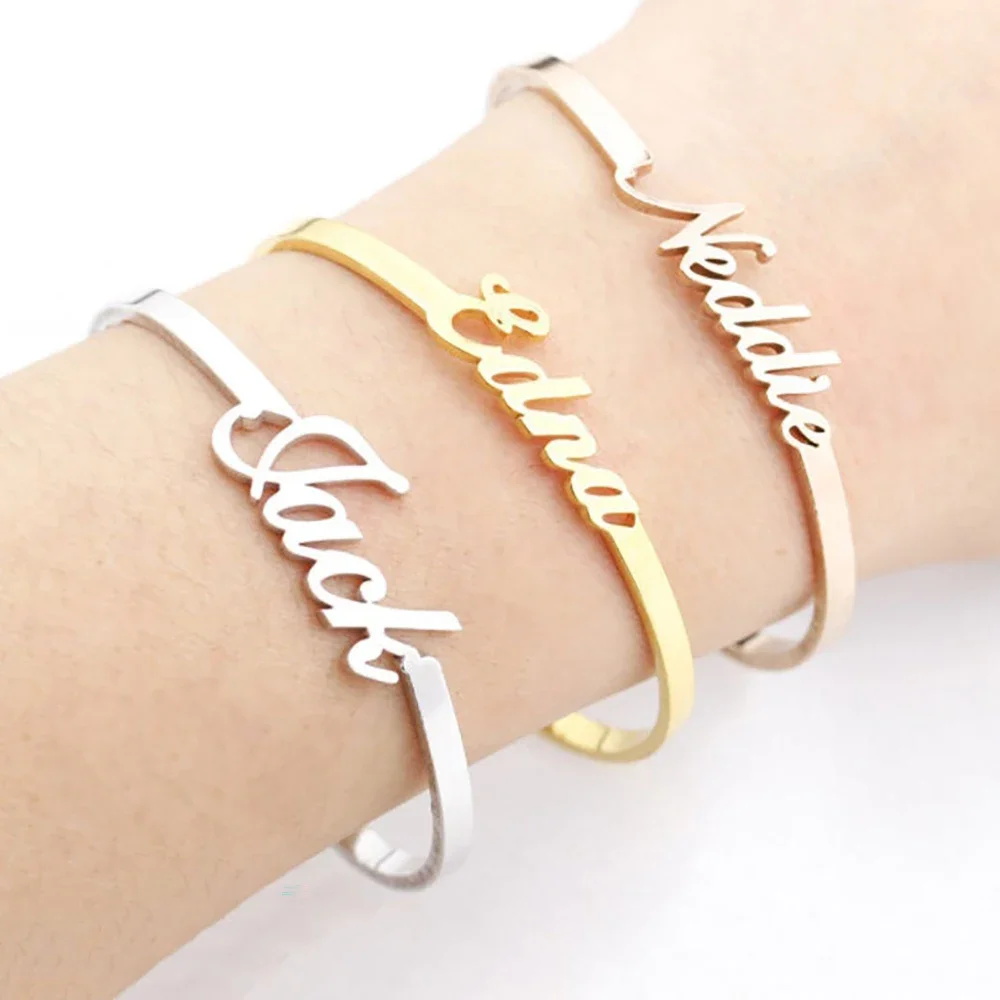 Customized Name Bangle for Women New Personalized Stainless Steel Open Adjustable Bracelet Cuff Bangle Bridesmaid Gift Jewelry