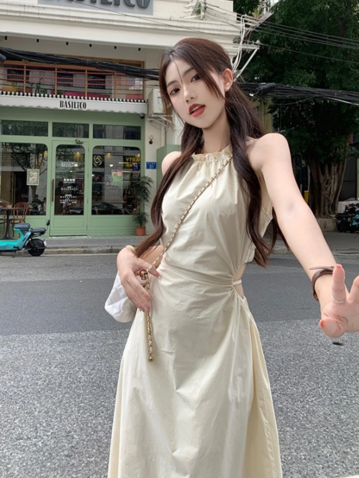 

Elegant Hollow out Strapless Long Dress Women's Summer Vacation Style Tassel Waist Slimming A-Line Skirt Korean Version