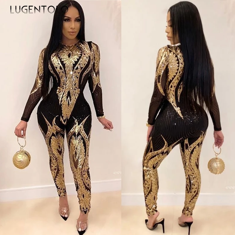 Sexy Gold Sequin Jumpsuit Women Bodycon Overalls Glitter Bandage Rompers Elegant Party Club Rompers lady Fashion Jumpsuits - Image 2