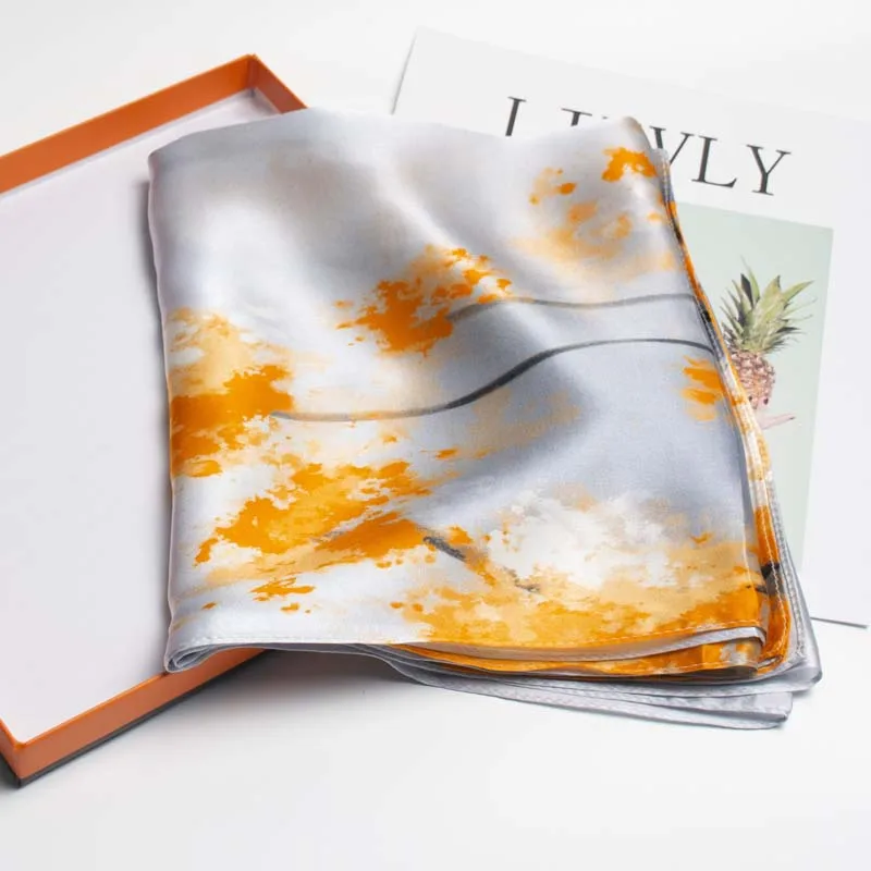 Luxury Silk Long Scarf 55X173cm, Sunset Orange Print Design, Women's Fashionable Scarf, Headscarf, Belt, Shawl