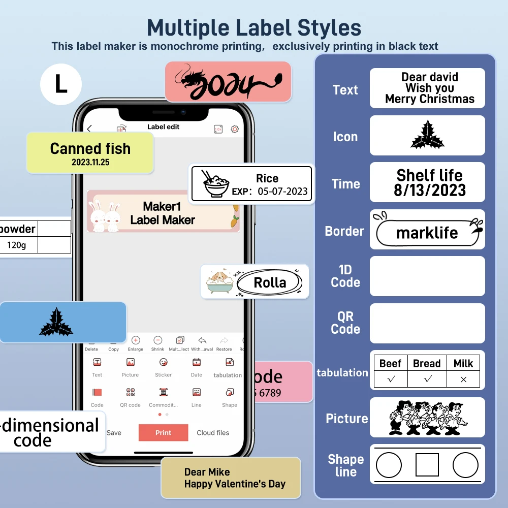 Marklife P15 طابعة ملصقات طابعة حرارية صغيرة محمولة بدون حبر ذاتية اللصق Marklife M1 لملصقات الملصقات مثل D110