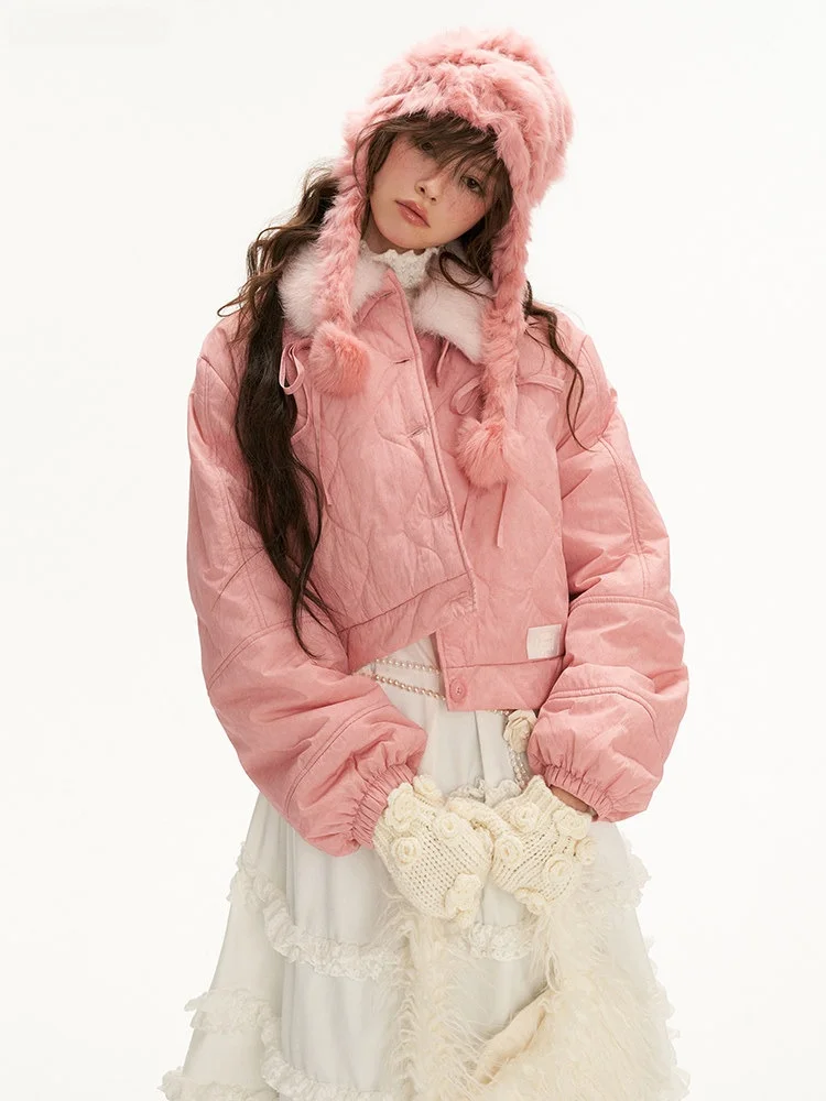 

MAMC Sweet Princ Sle ort Cotton Jaet Pink Knot Embellied Fur Trimmed Women's Winter Coat Regular Fit