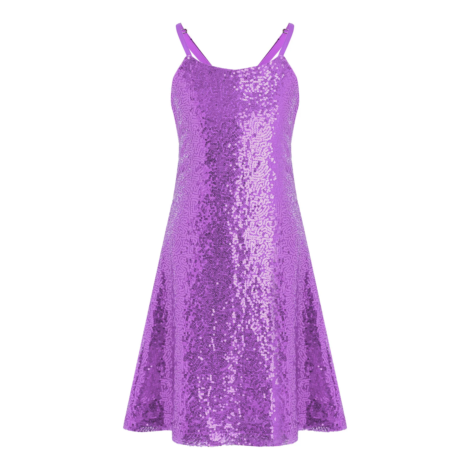Kids Girls Sparkly Sequins Cami Dress Adjustable Spaghetti Strap Lining Dresses Birthday Party Pageant Prom Dancing Stage Wear view 3