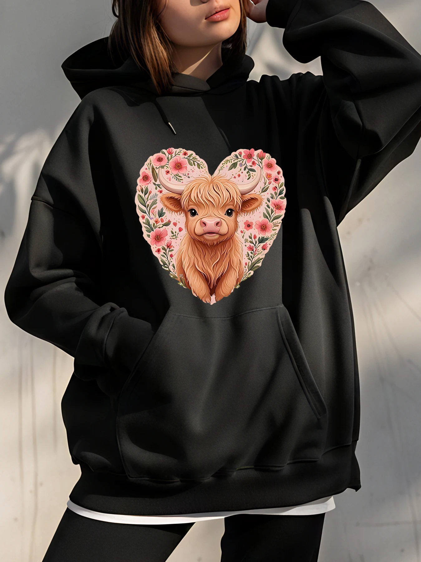 

Милая толстовка с цветочным принтом в виде коровы и сердца, женская повседневная толстовка, осенне-зимняя верхняя одежда, модная уличная одежда для девочек