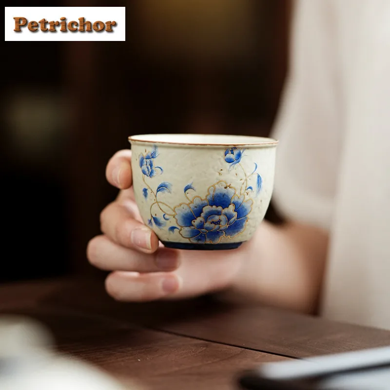 

110ml Outline In Gold Blue Peony Teacup Ancient Tea Bowl Jug Tea-tasting Smelling Cup Jianzhan Master Cups Household Tea Items