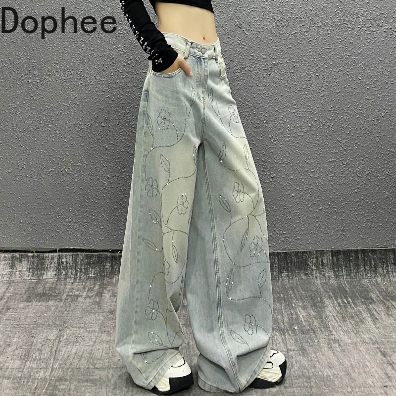 

Blingbling Shiny Hot Drilling Casual Denim Trousers New Spring Autumn High Waist Straight Jeans Mopping Floor Wide Leg Pants