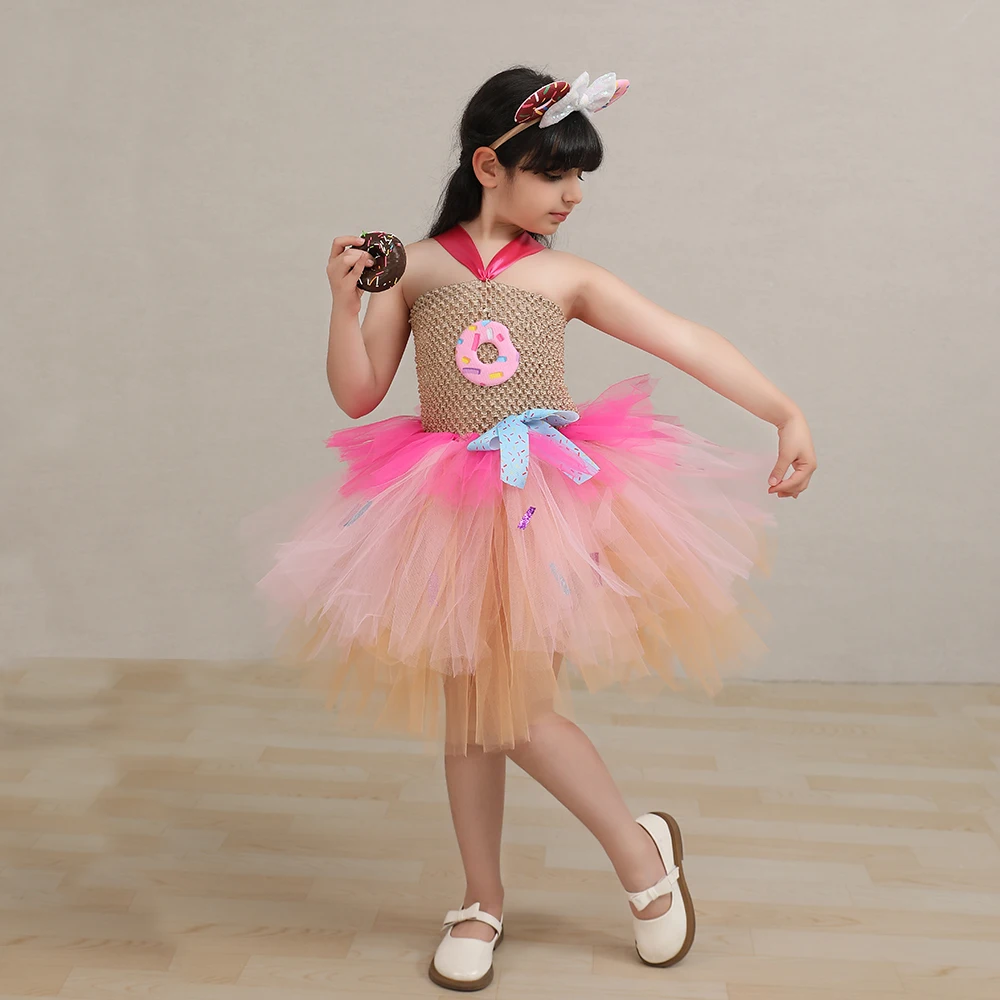 Girls Candy Donuts Tutu Dress with Headband Baby Kids Birthday Party Happy Purim Fancy Costumes Photoshoot Tulle Dresses