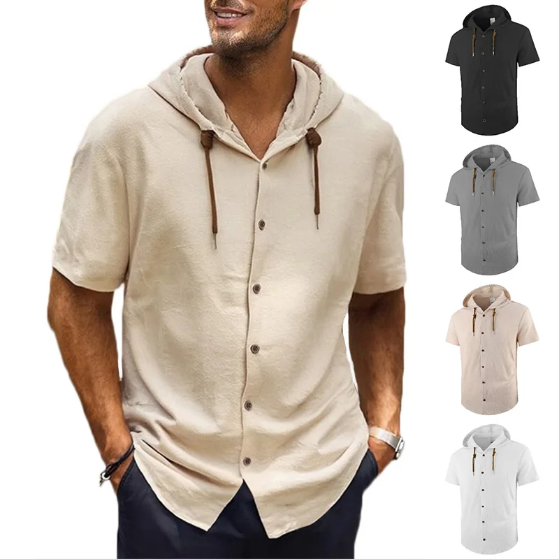 

Мужская рубашка с капюшоном на весну-лето: модный дизайн, однотонная, повседневная, с коротким рукавом, на пуговицах, из хлопка и льна, уютная