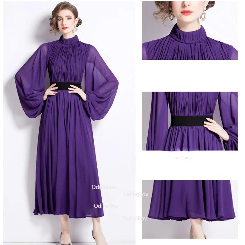 2024 Early Spring Runway New Chiffon Skirt Waist Slimming Purple Swing Long Dresses for Women